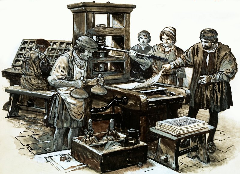 Den tredje trykpresse i England blev oprettet i St. Albans i 1480 (gouache på papir) af English School
