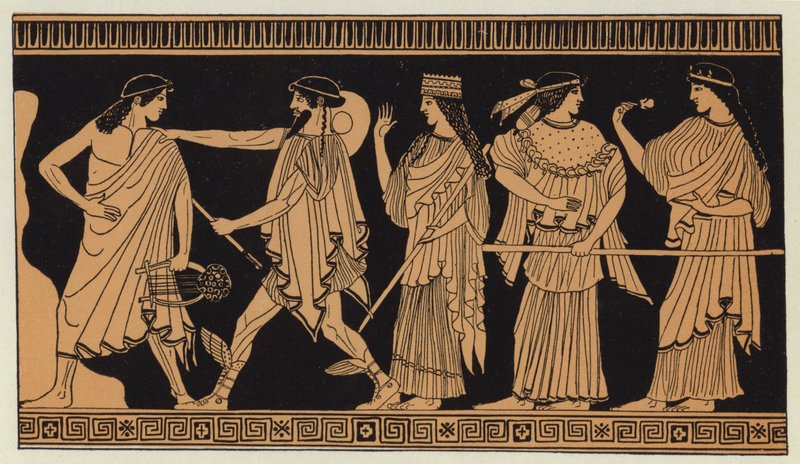 De tre gudinder bragt af Hermes til Paris (farvelitografi) af English School