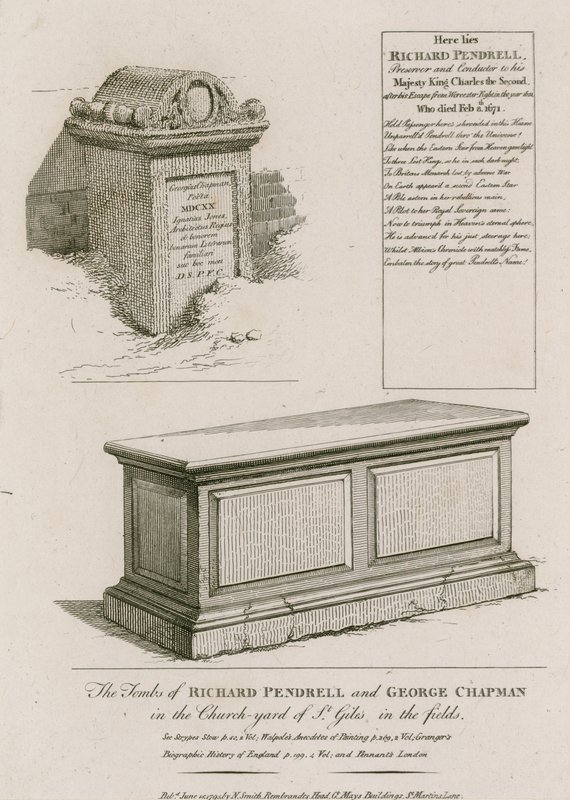 Gravene af Richard Pendrell og George Chapman i kirkegården i St Giles in the Fields, London af English School
