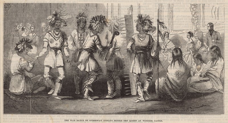 Ojibwe-indianernes krigsdans foran dronningen på Windsor Castle af English School