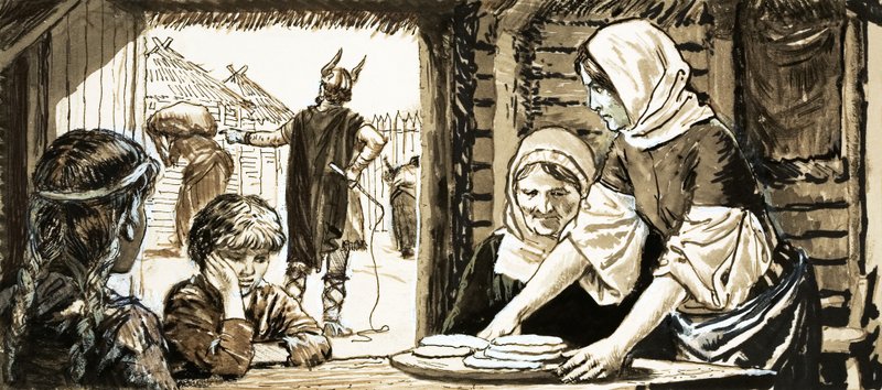 Kvinderne i Linby bager flad kage (gouache på papir) af English School