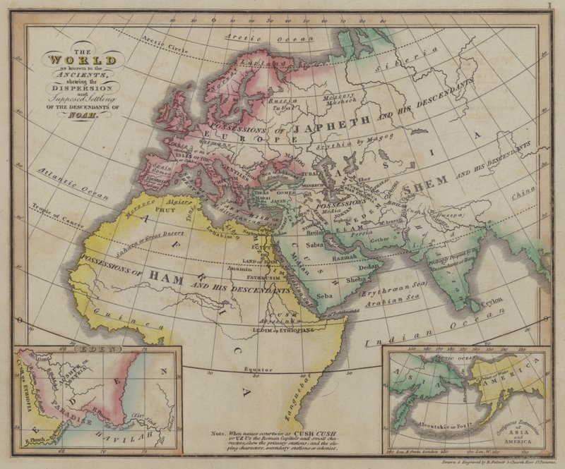Verden som kendt af de gamle, der viser spredningen og den formodede bosættelse af Noas efterkommere (farvet indgravering) af English School