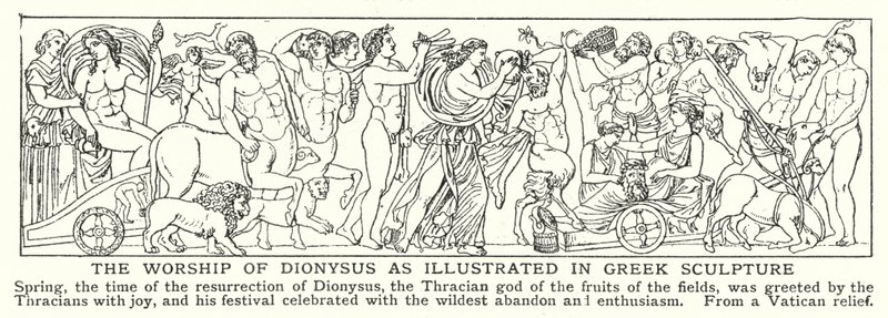 Tilbedelsen af Dionysos som illustreret i græsk skulptur (litho) af English School
