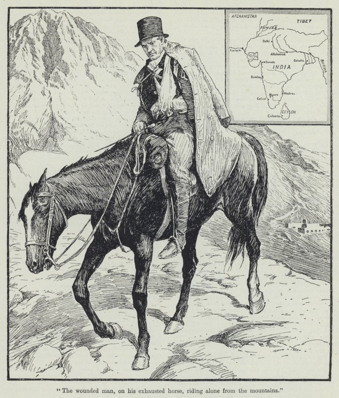 "Den sårede mand, på sin udmattede hest, rider alene ned fra bjergene" (litho) af English School