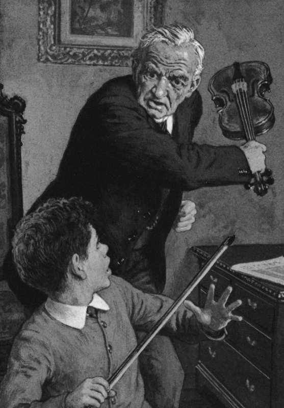 Den unge Sir John Barbirolli, ved at få en violin brækket over hovedet af sin bedstefar (litho) af English School