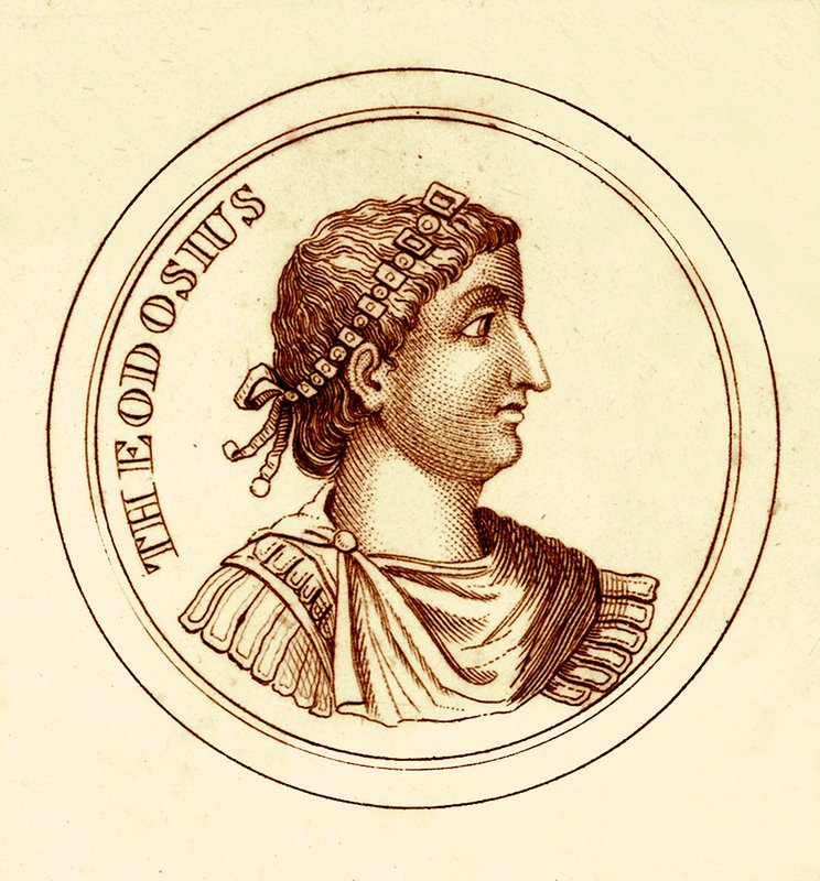 Theodosius, illustration fra The Universal Historical Dictionary af George Crabb, udgivet 1825 (digitalt forbedret billede) af English School