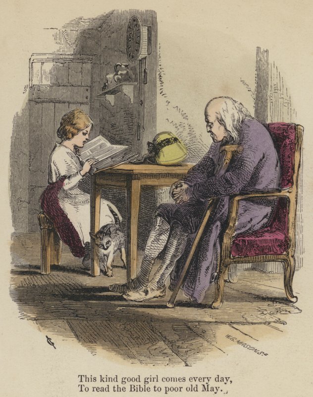 Denne venlige gode pige kommer hver dag, for at læse Bibelen for den stakkels gamle May (farvet indgravering) af English School