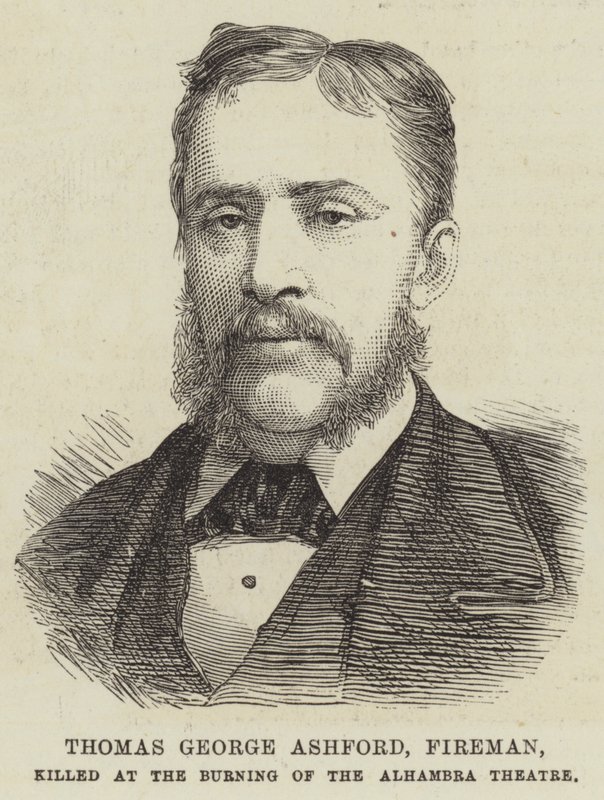 Thomas George Ashford, brandmand, dræbt ved Burning of the Alhambra Theatre (gravering) af English School