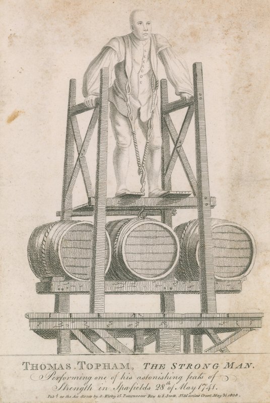 Thomas Topham, den stærke mand, udfører en af sine forbløffende styrkebedrifter i Spitalfields, 28. maj 1741 af English School