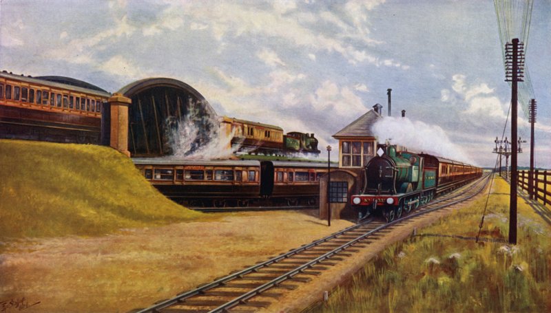 Tre London og South Western Railway eksprestog ved Battledown Junction, Hampshire (farve litho) af English School