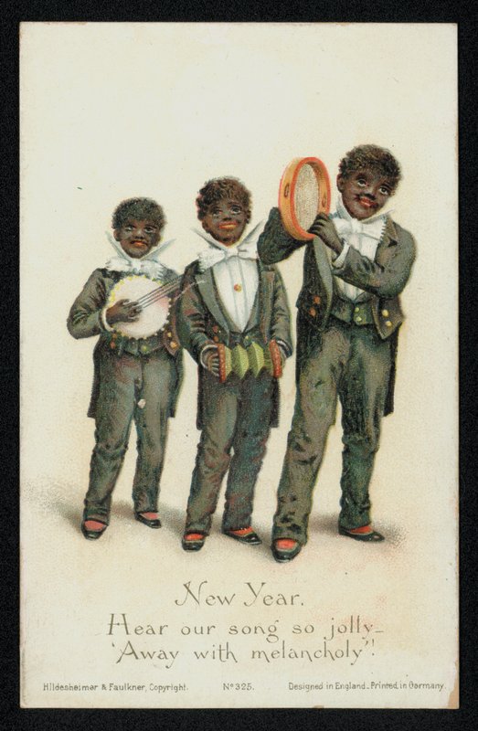 Tre sorte drenge spiller musikinstrumenter, nytårs lykønskningskort (chromolitho) af English School