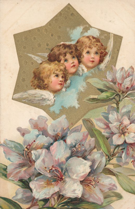 Tre keruber i et billede dekoreret med blomster af English School