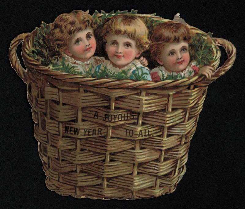 Tre børn i en kurv, nytårs lykønskningskort. (chromolitho) af English School