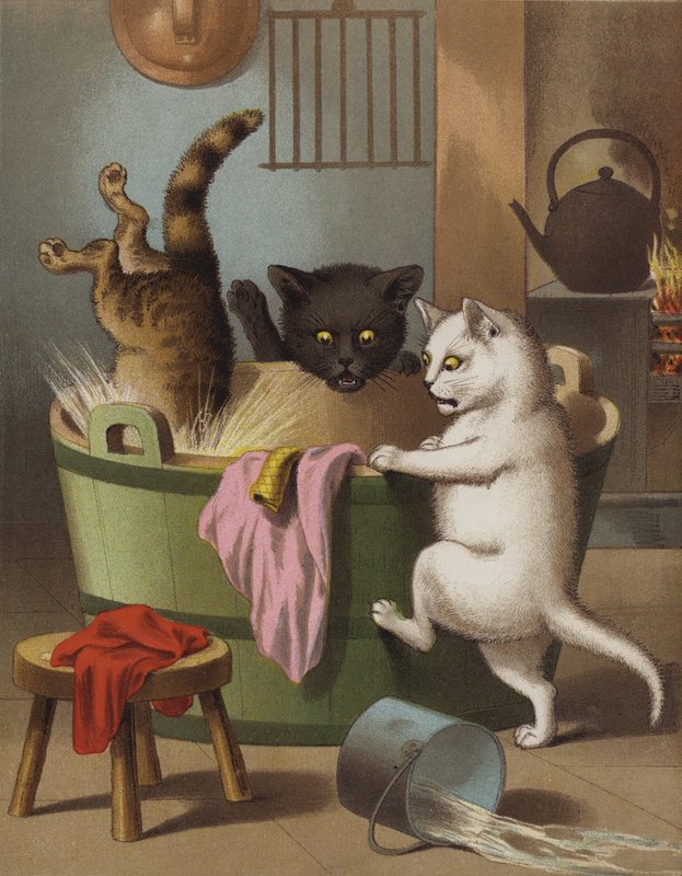 Tre små killinger leger med et vaskekar (chromolitho) af English School