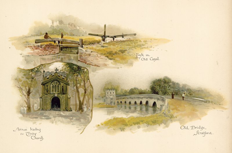 Tre udsigter over Shakespeares Stratford-upon-Avon af English School