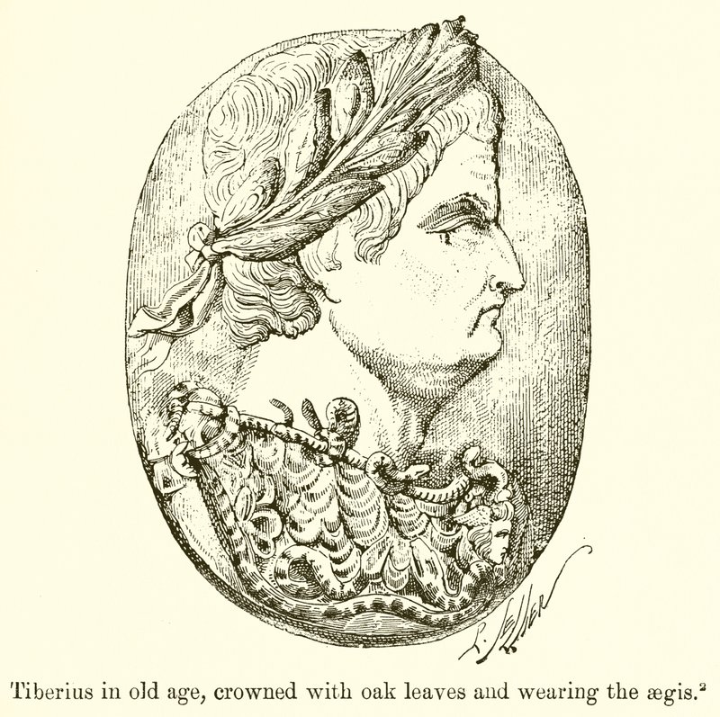 Tiberius i alderdommen, kronet med egeblade og iført Aegis af English School