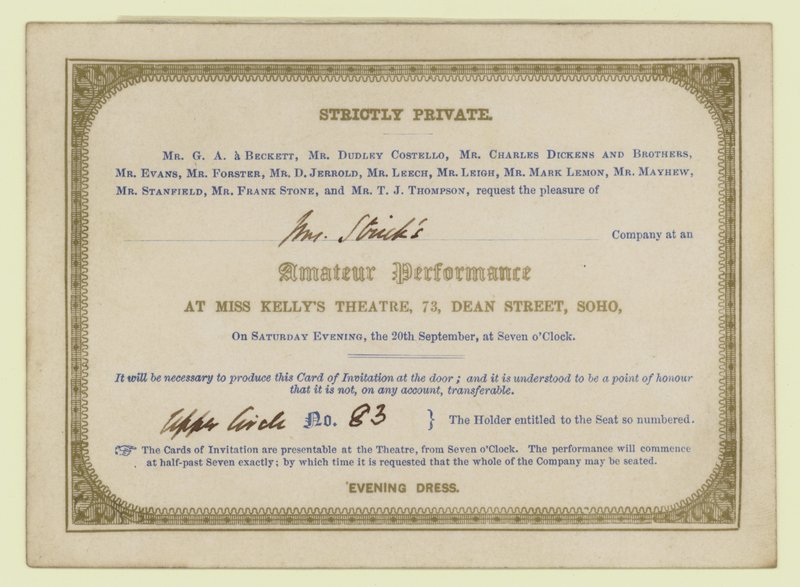 Billet til Charles Dickens amatørdramatiske forestilling, 1845 af English School