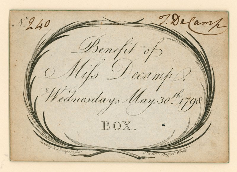 Billet til Drury Lane Theatre, London: Benefit of Miss Decamp, 30. maj 1798 af English School