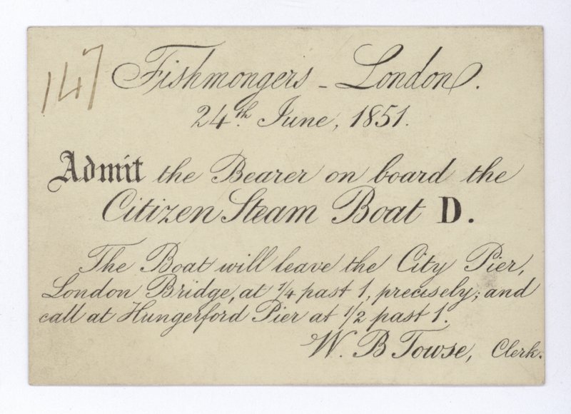 Billet til London-fiskehandlere til at tage en bådtur på Citizen Steam Boat, 24. juni 1851 af English School