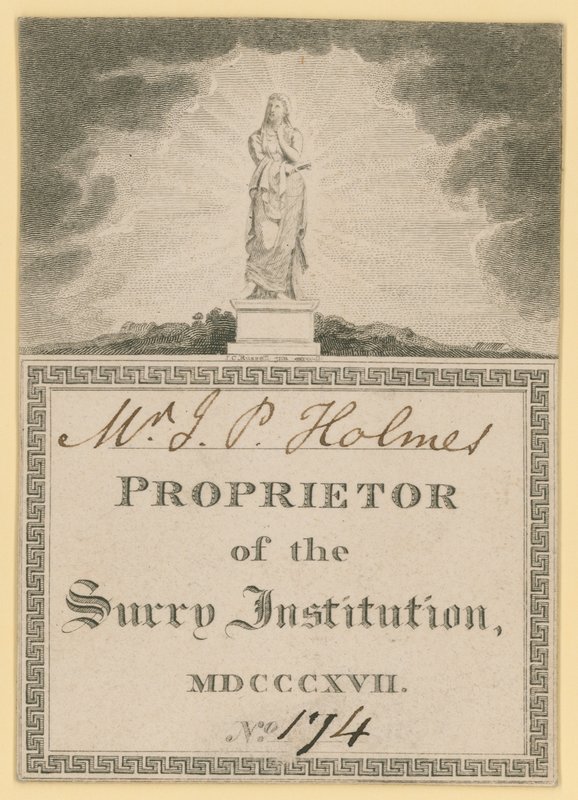 Billet til indehaver af Surrey Institution, dateret 1817 af English School