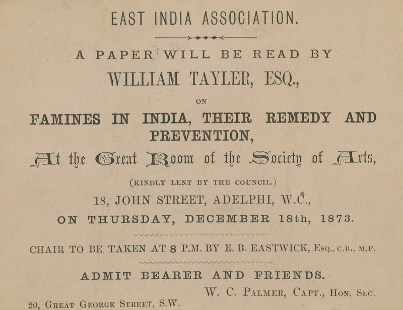 Billet til et foredrag af William Tayler fra East India Association af English School