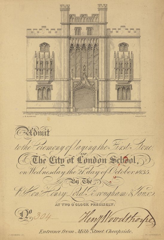Billet til lægningen af den første sten til City of London School, 21. oktober 1835 af English School