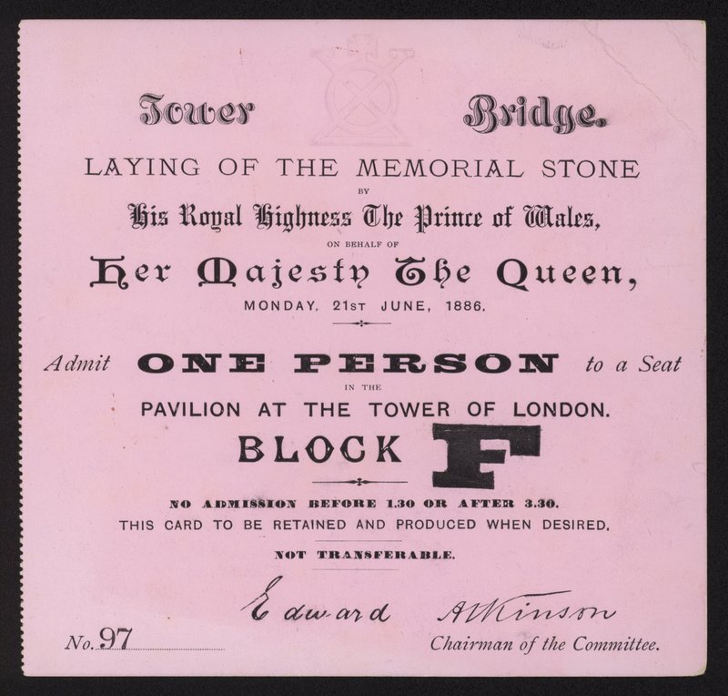 Billet til nedlægningen af mindestenen ved Tower Bridge, London, 21. juni 1886 af English School