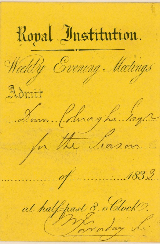 Adgangsbillet til Royal Institution, Albemarle Street, London, til et foredrag af Michael Faraday af English School