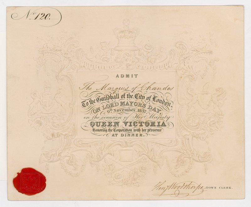 Billet til Guildhall, City of London, for at optage markisen af Chandos på Lord Mayors Day, 9. november 1837, til middagen til ære for dronning Victoria af English School