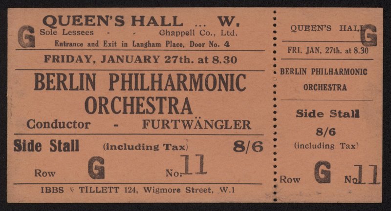 Billet til en koncert med Berlin Philharmonic Orchestra, Queens Hall, London fredag den 27. januar 1928 af English School