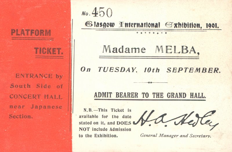 Billet til at høre Nellie Melba på Glasgow International Exhibition, 1901 (print) af English School