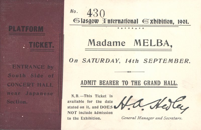 Billet til at høre Nellie Melba på Glasgow International Exhibition, 1901 (print) af English School