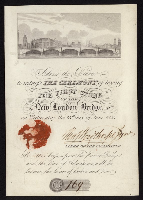 Billet til ceremonien, hvor den første sten til den nye London Bridge blev lagt af English School