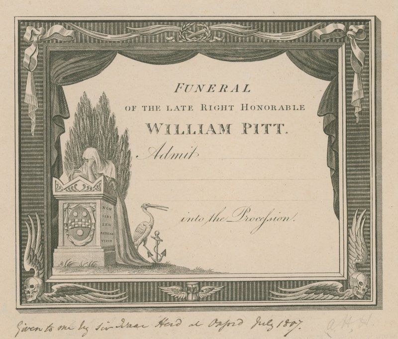 Billet til afdøde William Pitts begravelse af English School
