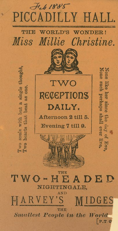 Billet til at besøge Miss Millie Chrisine, den tohovedede nattergal af English School