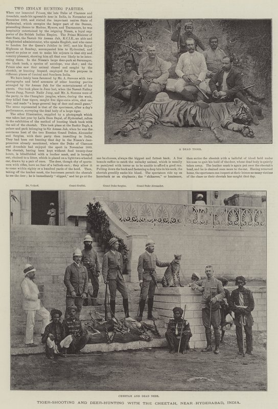 Tigerskydning og hjortejagt med geparden, nær Hyderabad, Indien (gravering) af English School