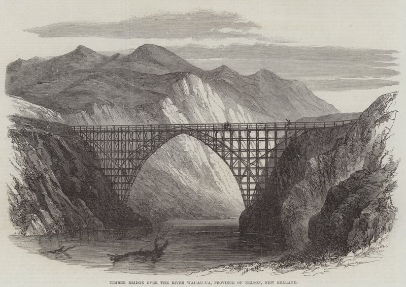 Træbro over floden Wai-Au-Ua, Nelson-provinsen, New Zealand (gravering) af English School