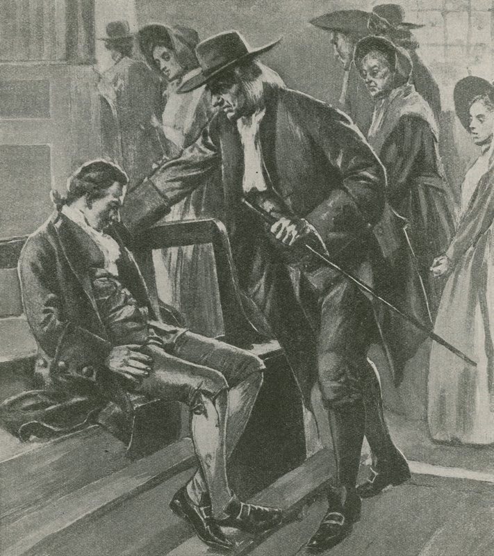 Træt og sulten falder Benjamin Franklin i søvn i et Quaker-mødehus af English School