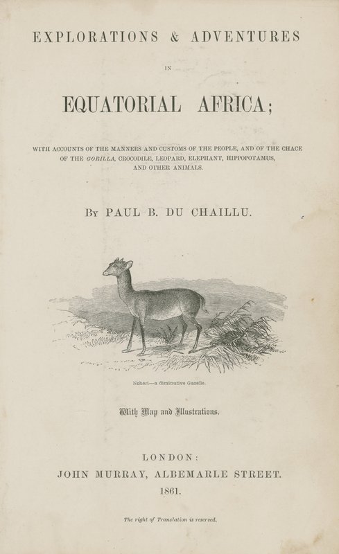 Titelside til Du Chaillus Explorations and Adventures in Ækvatorialafrika af English School