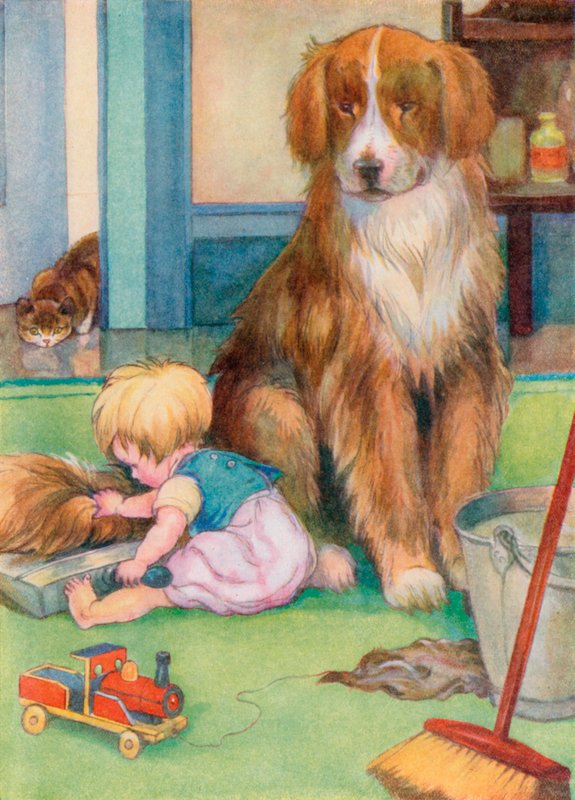 Småbarn leger med en hunds hale (farve litho) af English School