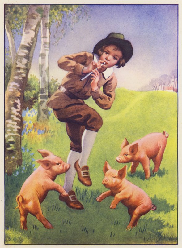 Tom, Tom, Rottefængerens søn og de tre små grise (farvelitografi) af English School