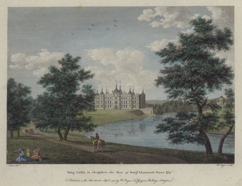Tong Castle, Shropshire, sæde for Benjamin Channock Payne (farvet gravering) af English School