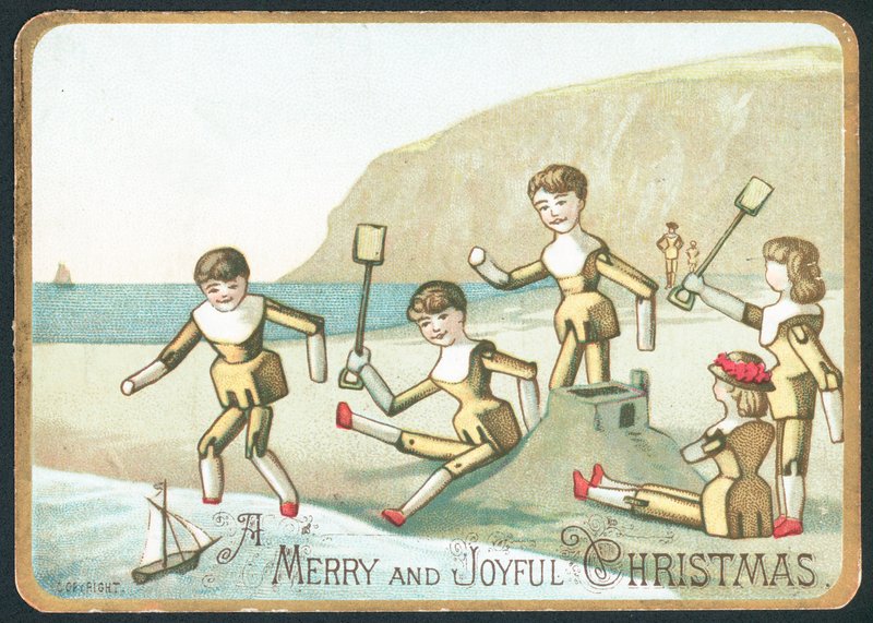 Legetøj leger på stranden, julekort af English School