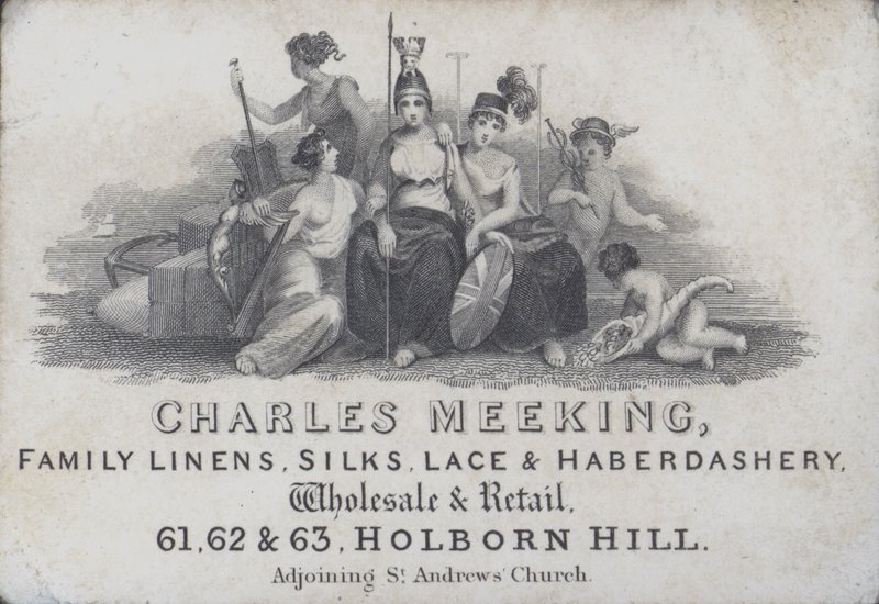 Fagkortreklamer Charles Meeking, linned-, silke-, blonder- og sytilbehørshandler, Holborn Hill, London (gravering) af English School