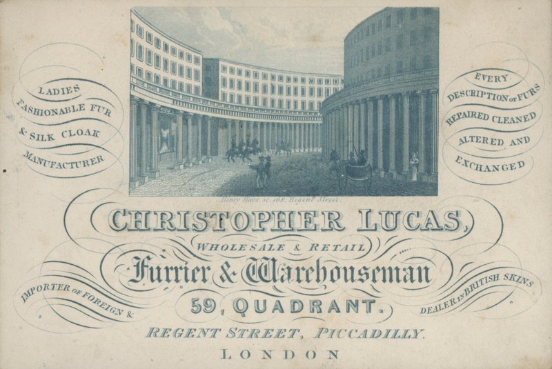 Handelskortannoncering Christopher Lucas, engros- og detailbuntmager og lagermand, 59, Quadrant, Regent Street, Piccadilly, London (gravering) af English School