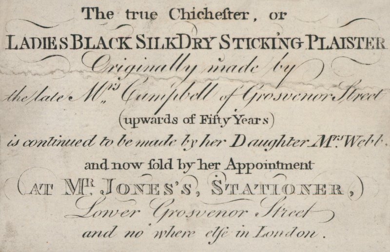 Trade card, den ægte Chichester, eller Ladies Black Silk Dry Sticking Plaister af English School
