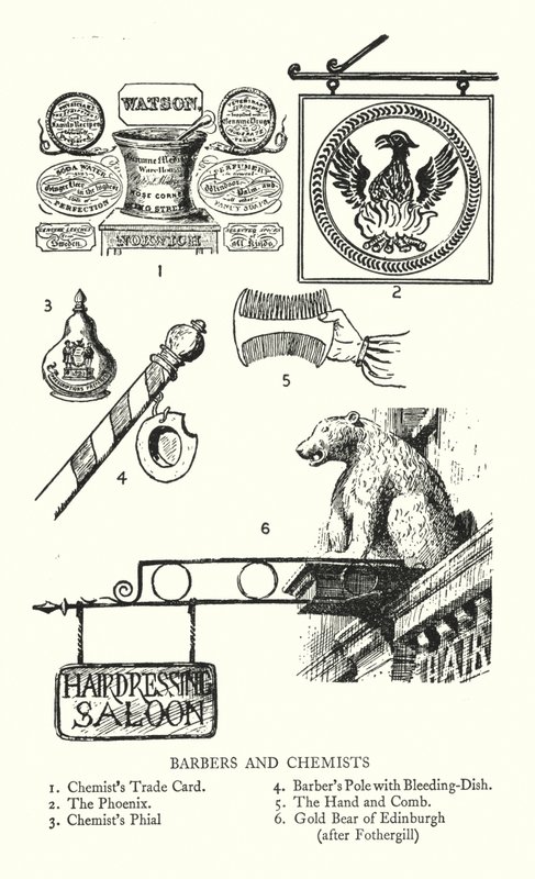 Handelstegn: Barberere og kemikere (litho) af English School