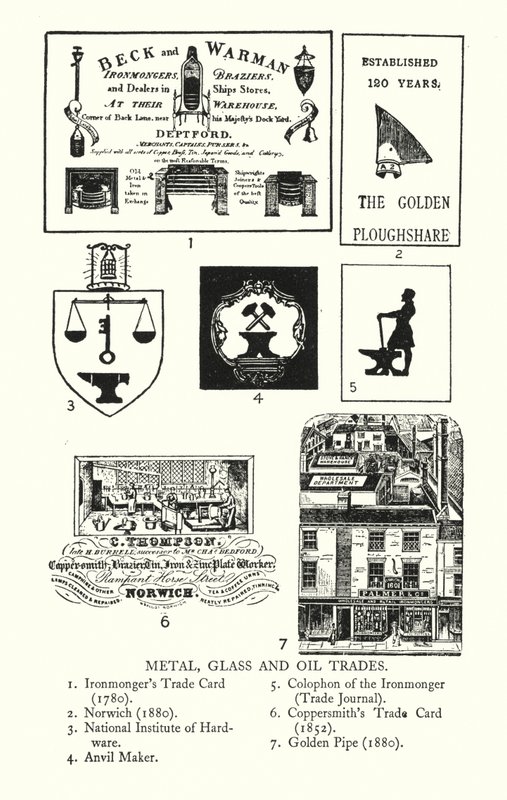Handelstegn: Metal-, glas- og oliehandler (litho) af English School