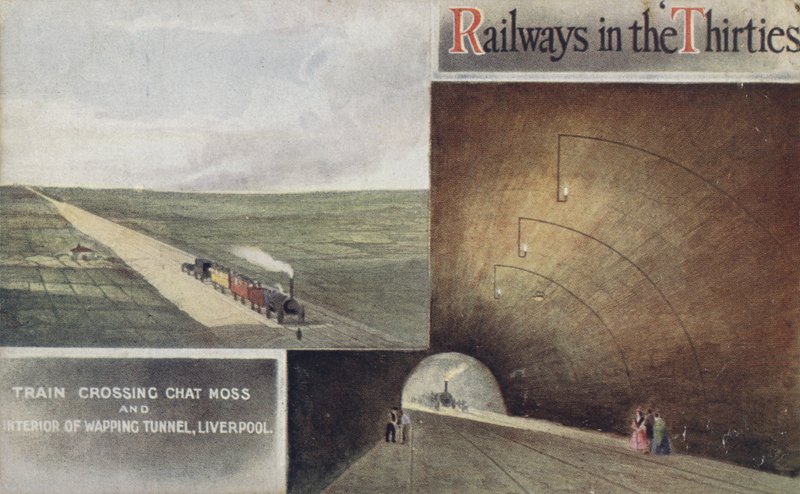 Tog, der krydser Chat Moss og Interior of Wapping Tunnel, Liverpool af English School
