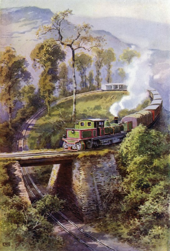 Tog, der runder Agony Point, en sløjfe på Darjeeling Himalaya Railway, Indien (farve litho) af English School